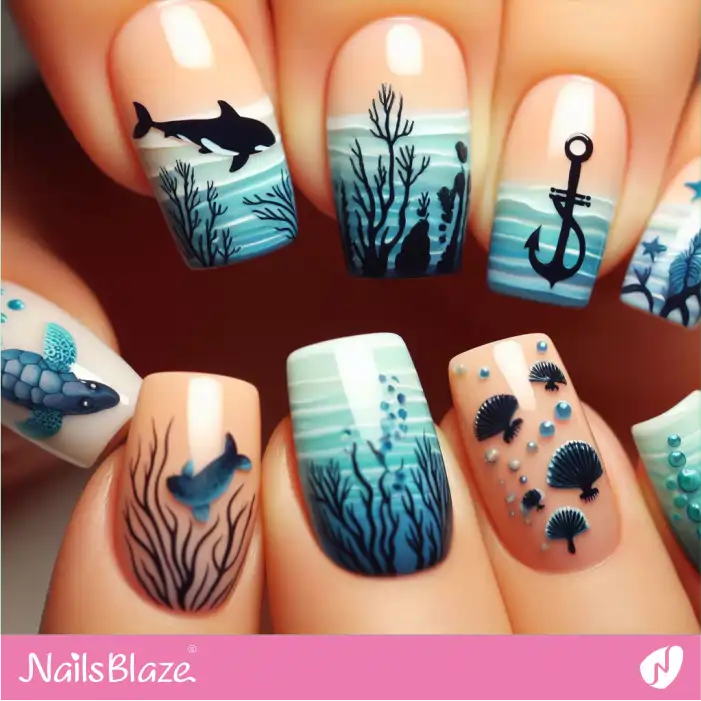 Gradient French Ocean with Marine Life Design | Save the Ocean Nails - NB2765